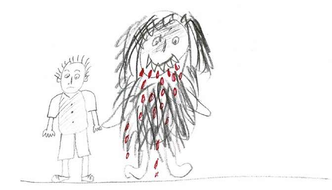 Drawing of a boy and his migraine, represented by a hairy person, called Migi