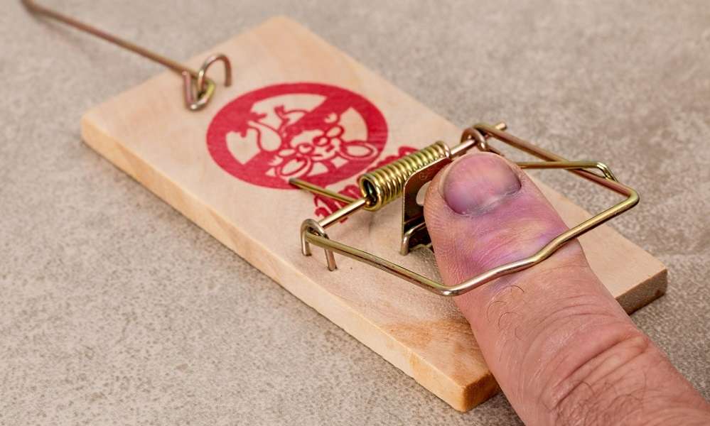 Human finger caught in a mouse trap