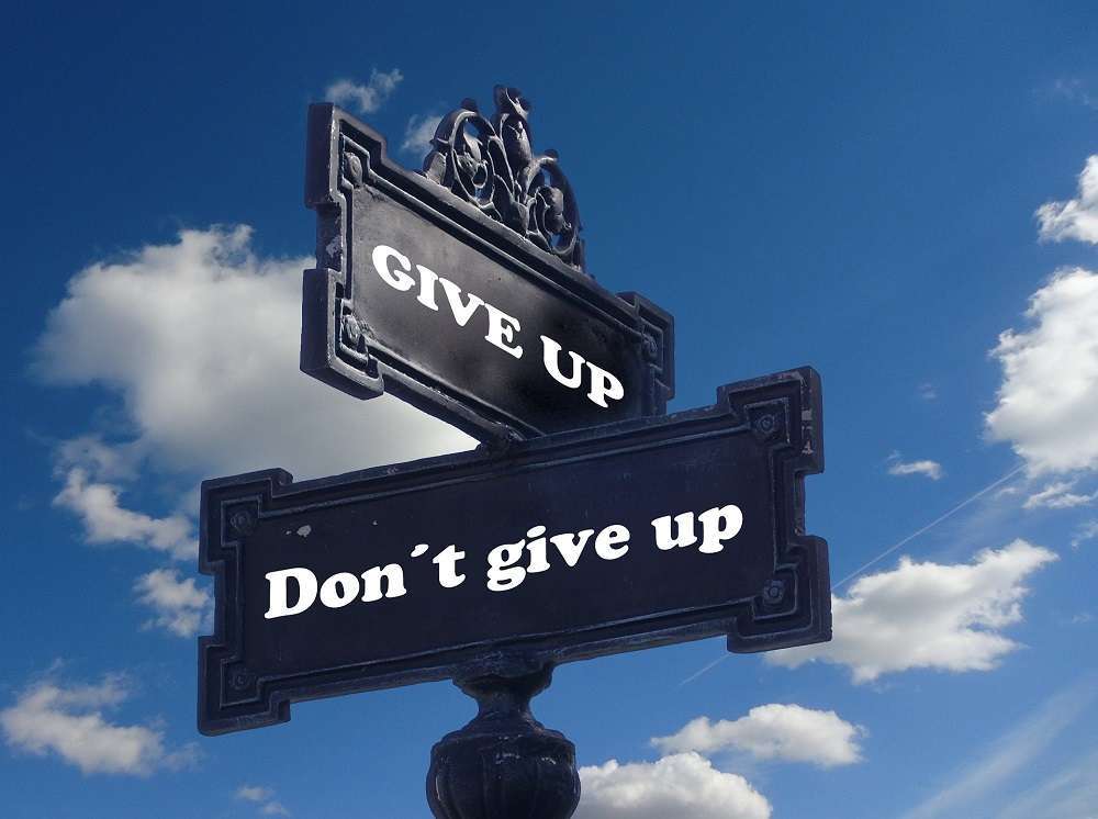 A signpost with two messages of Give Up and Don't Give Up
