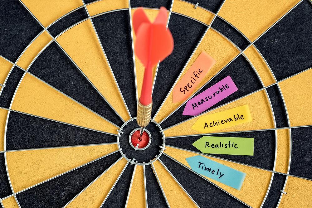 A dartboard with smart goal labels of specific, measurable, achievable, realistic, and timely with a dart in the bullseye