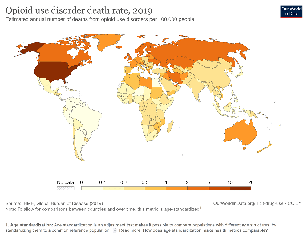 Map of the world showing the death rates from Opioid use