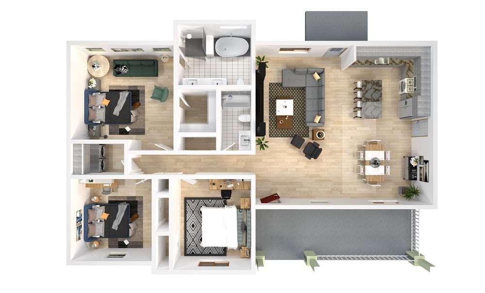 3d floor plan for 3 bedroom 2 bath apartment