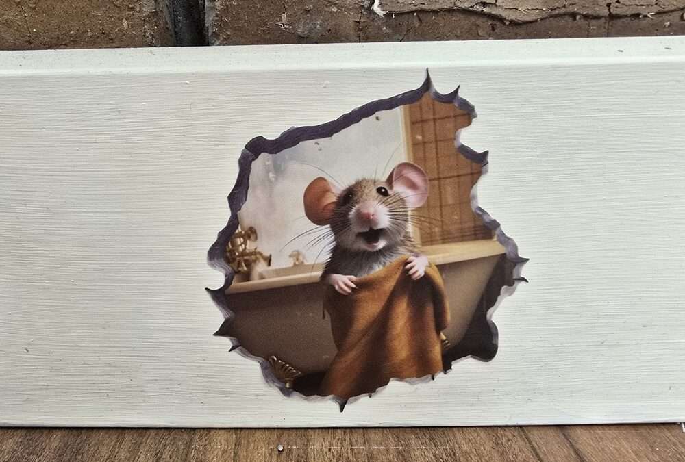 A sticker of a mouse on a skirting board. The mouse is holding a towel in front of a bathtub.