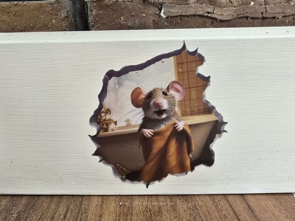 A sticker of a mouse on a skirting board. The mouse is holding a towel in front of a bathtub.