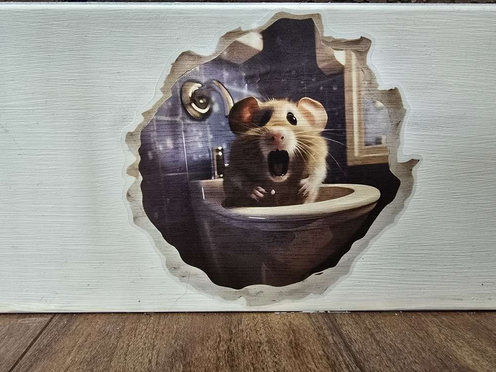 A sticker of a mouse on a skirting board. The mouse is in a bathtub.