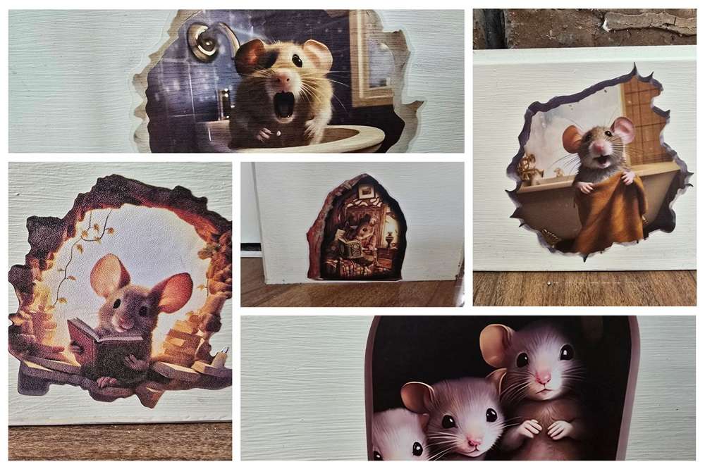 A collage of mouse stickers on skirting boards.