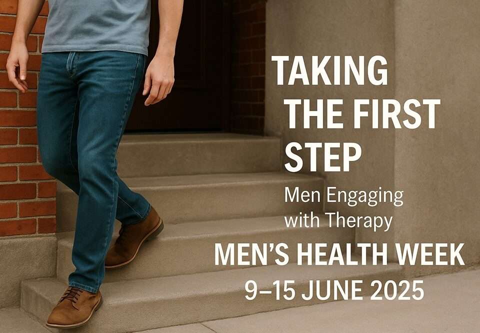 A man walking down some stairs taking the first step for men's health