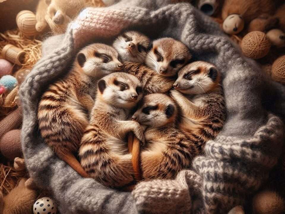 Many Meerkats sleeping together in a blanket