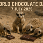 Four Meerkats looking at Chocolate with a World Chocolate Day 2025 heading