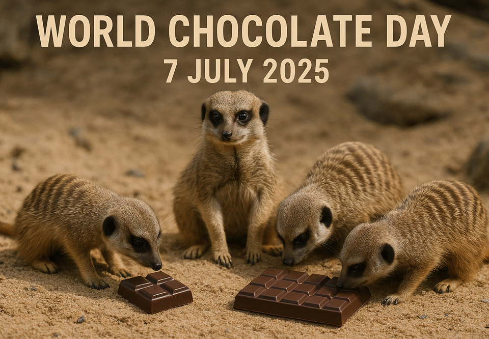 Four Meerkats looking at Chocolate with a World Chocolate Day 2025 heading