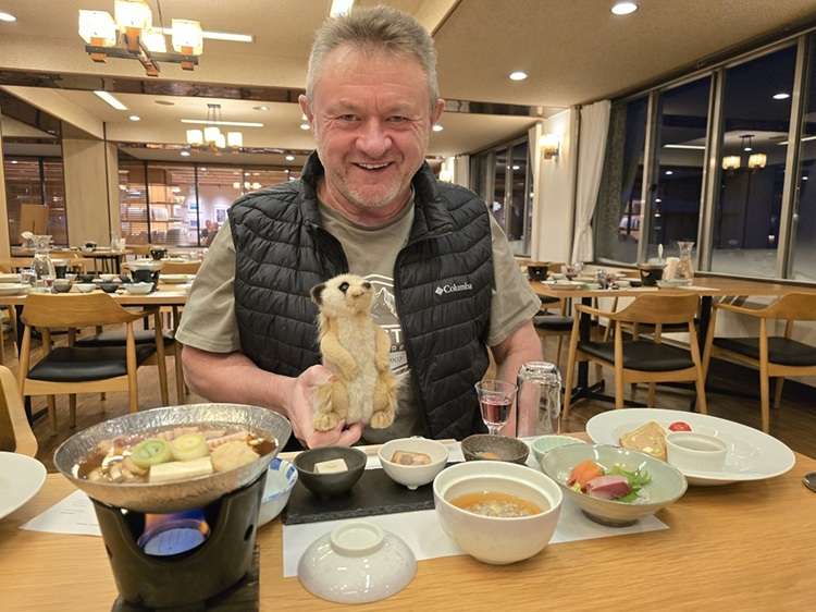Tony and Meerkat Arnie enjoying a Japanese Dinner