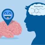 Dopamine Brain - Paragon PsychConnect Illustration of a brain and a human head silhouette. The brain has a smiling icon, and the head shows “Dopamine” with a chemical diagram, representing the brain chemical linked to happiness and reward.