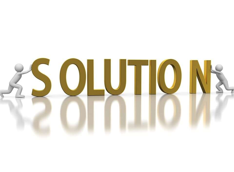 Two small white humanlike figures holding the word SOLUTION
