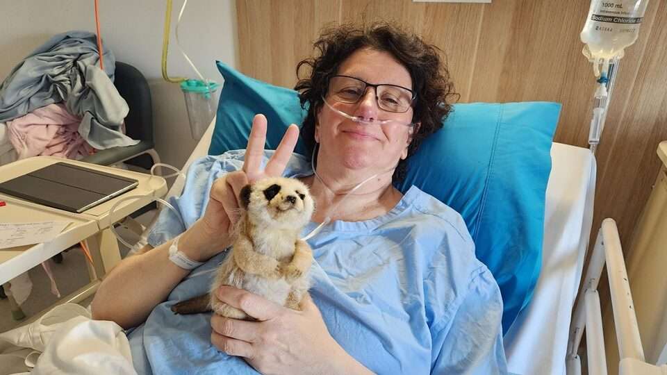 Maria lying in a hospital bed with Brucee the meerkat