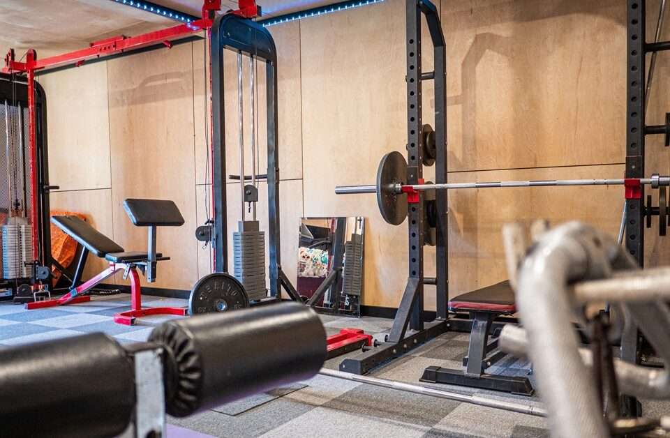 Home gym setup in a garage