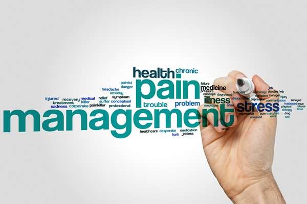Pain Management sign with many words associated with pain