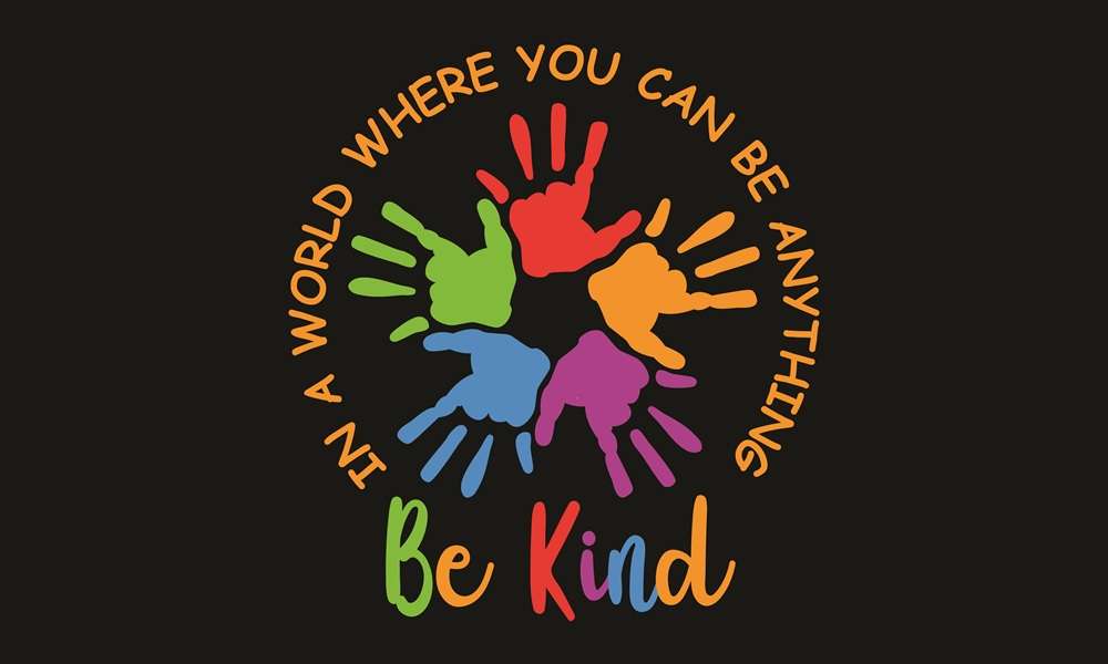 Be Kind - Paragon PsychConnect Black background with 4 coloured hands surrounded by the writing In a World Where You Can Be Anything - Be Kind