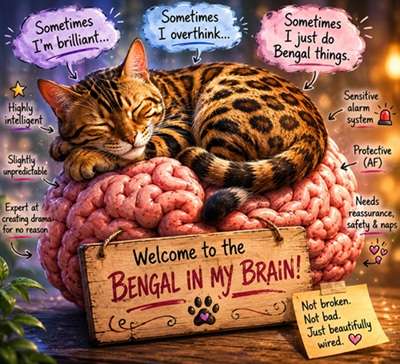 • Bengal cat curled inside a human brain representing chronic pain and threat perception