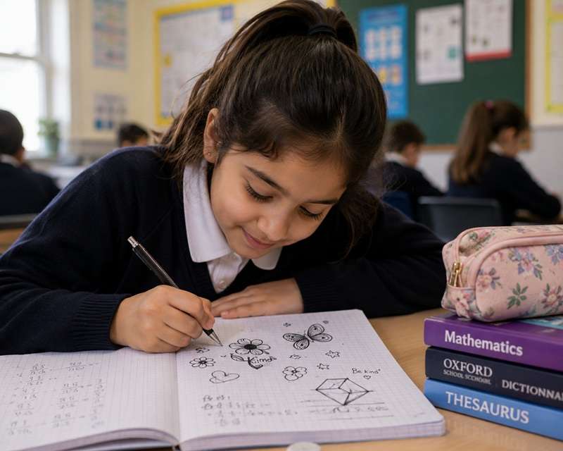 A girl doodling in a book in a classroom