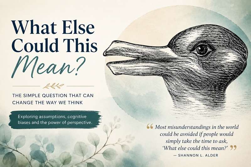 A drawing of an animal that could be either a rabbit or a duck and words saying "What Else Could This Mean"