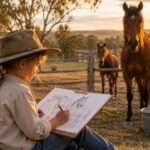 A girl in an outdoor setting drawing horses