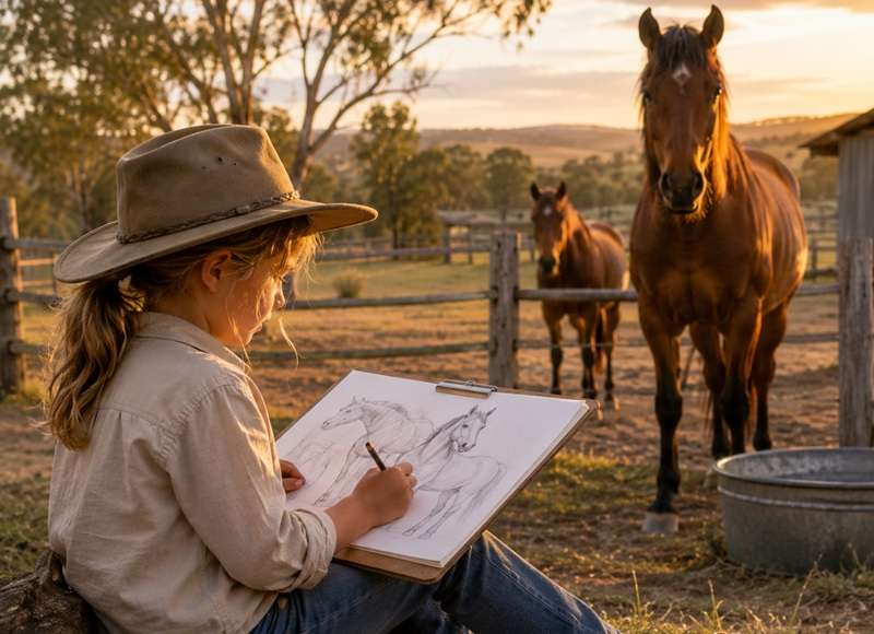 A girl in an outdoor setting drawing horses