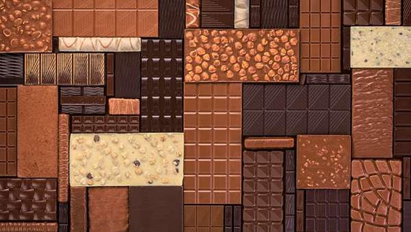 Many different types of chocolate blocks arranged together