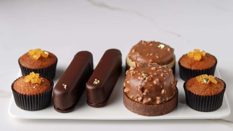 An assortment of chocolate desserts on a white plate