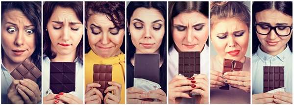Several images of women looking at and craving bars of chocolate